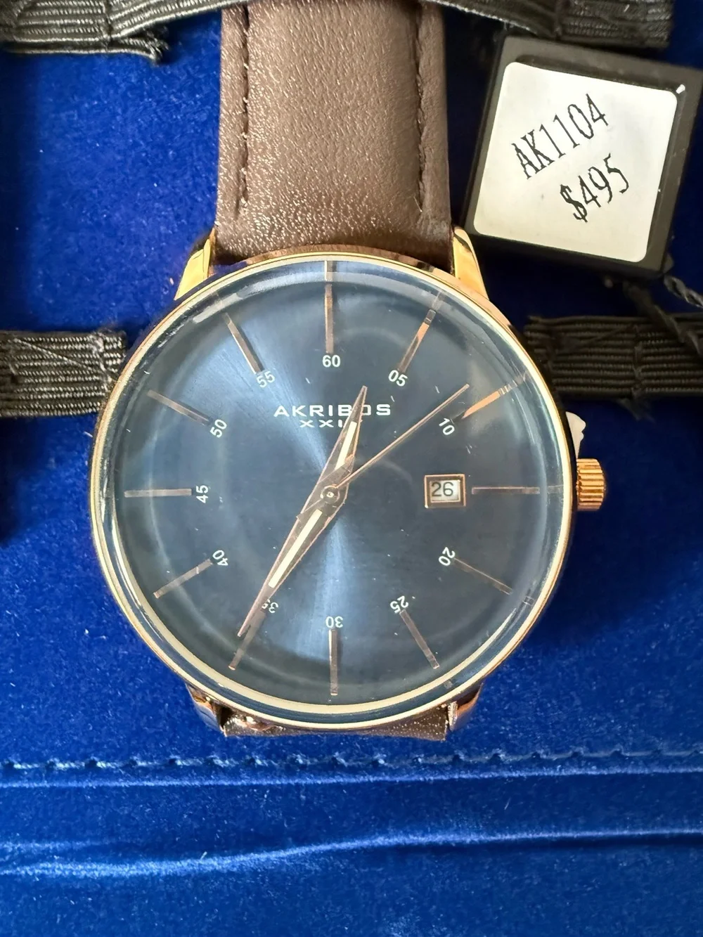 Akribos XXIV AK1104 Men’s Watch Blue Dial Rose Gold Tone 3 Leather Straps New